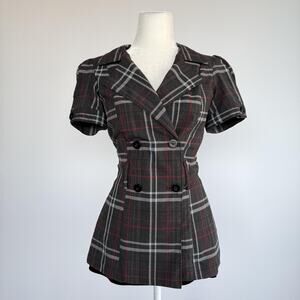 Wrapper Blazer Jacket Womens M Gray Plaid Double Breasted Short Sleeve Fitted